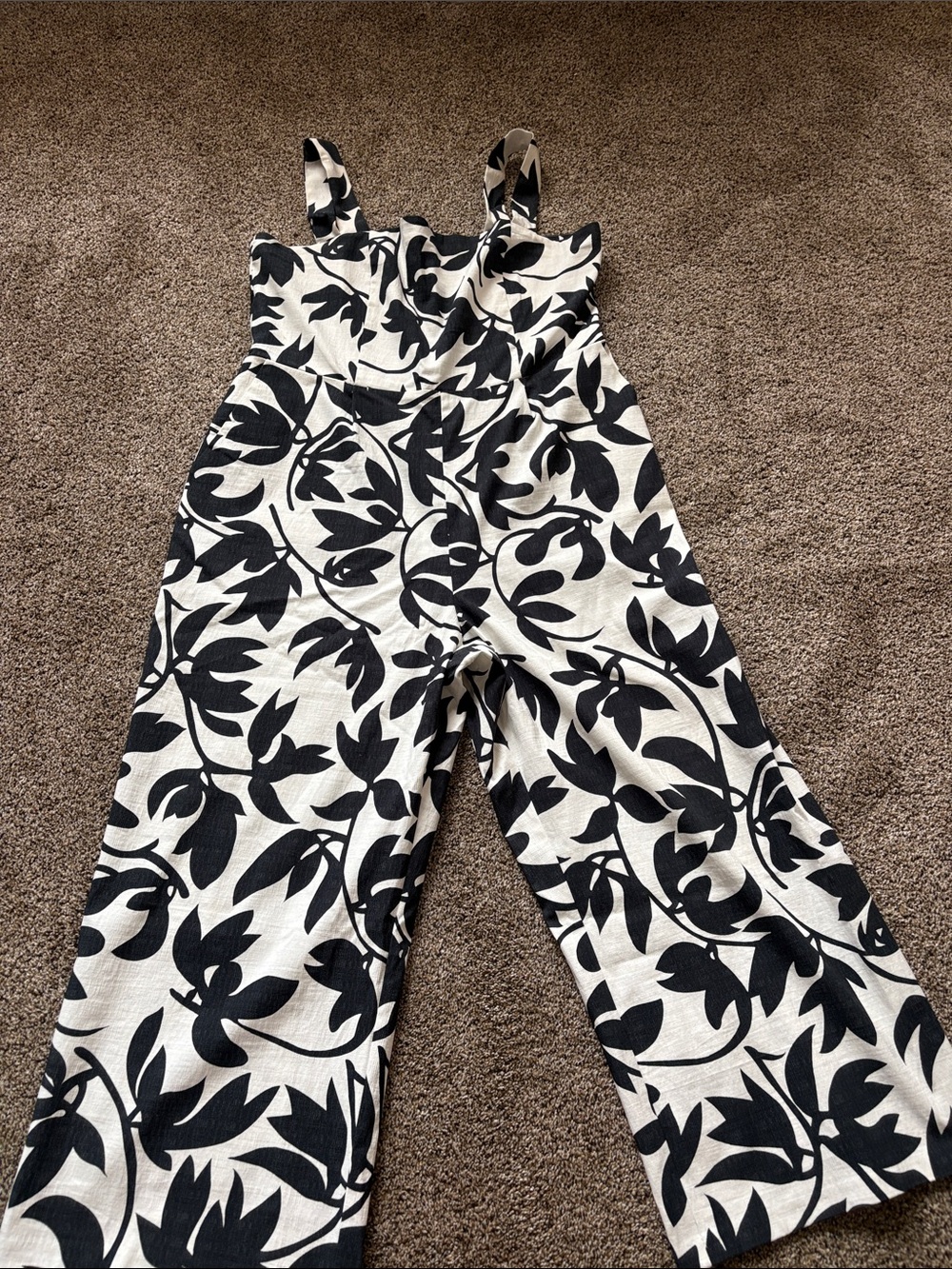 Ann Taylor Black and White Floral Wide-Leg Jumpsuit with Straps